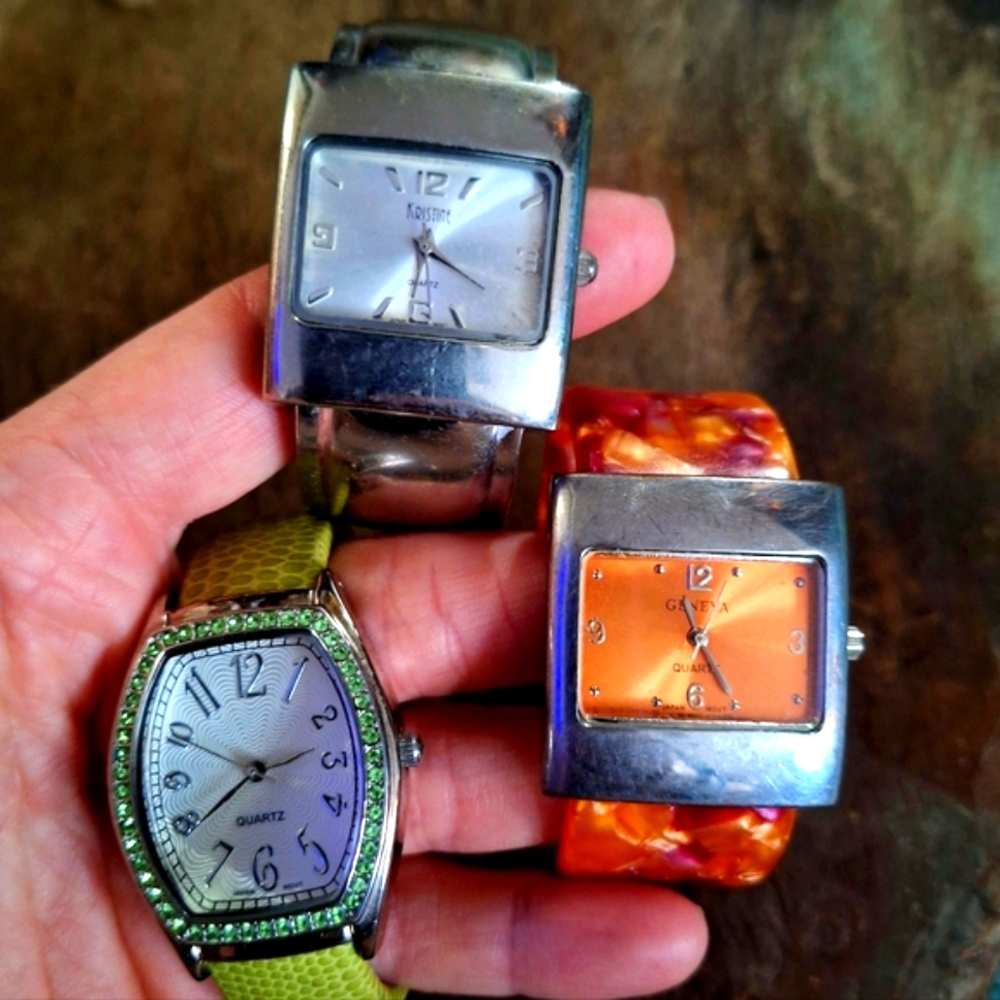 3 Cuff watches. Kristine, Geneva. Stainless, Acrylic resin, leather.
